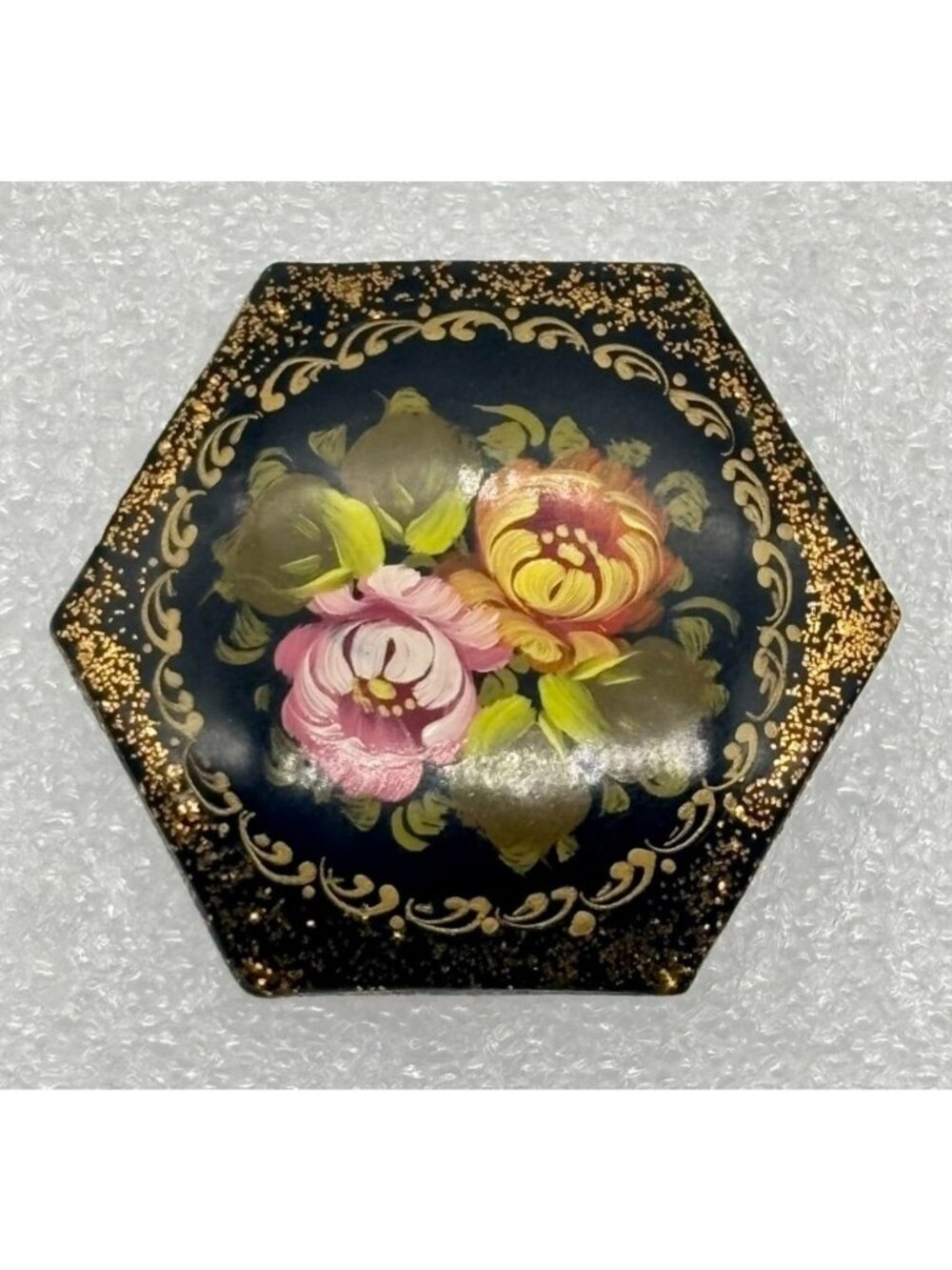 Artisan Brooch Pin Enamel on Wood Hexagon Shape Roses Floral Gilt Accents Signed
